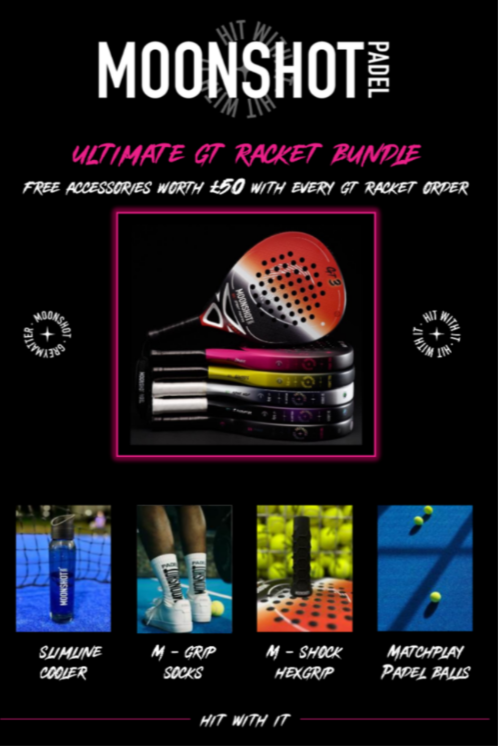 Moonshot Padel advertisement for Ultimate GT Racket Bundle with racket, accessories, and sports elements on a black background.